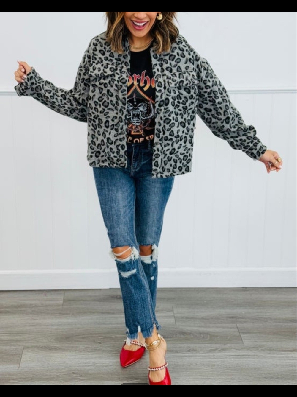 New Oddi Charcoal Leopard Print Snap Up Shacket Jacket Size 1XL